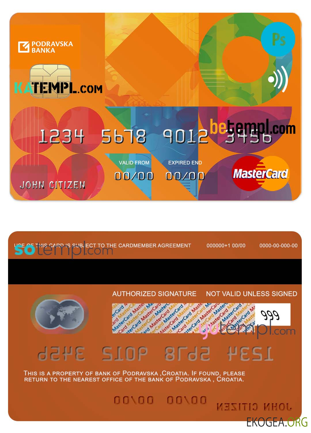 Modèle de carte de crédit mastercard de la banque Croatie Podravska au format PSD, entièrement modifiable